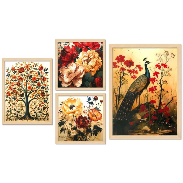 Set of 4 Digital Wall Paintings – Floral, Tree & Peacock Art Prints for Home Decor - Image 4