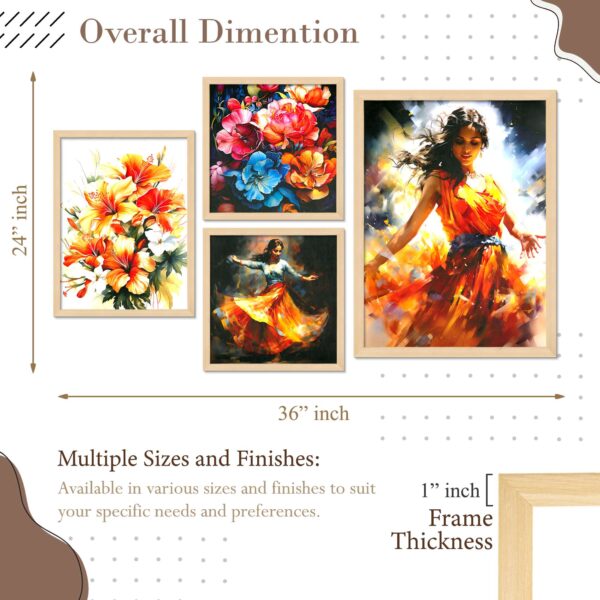 Set of 4 Wall Paintings – Vibrant Floral Art & Traditional Indian Dancer Theme - Image 3