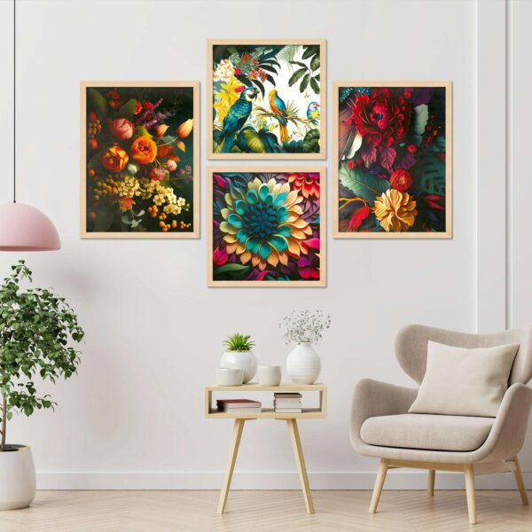 Set of 4 Digital Wall Paintings – Floral & Bird Nature-Inspired Wall Decor
