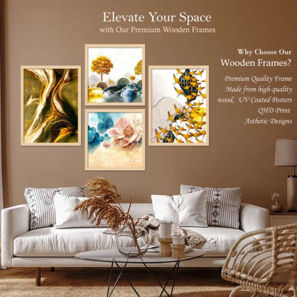 Set of 4 Nature-Inspired Digital Wall Paintings – Floral, Leaf, River & Bird Design - Image 2
