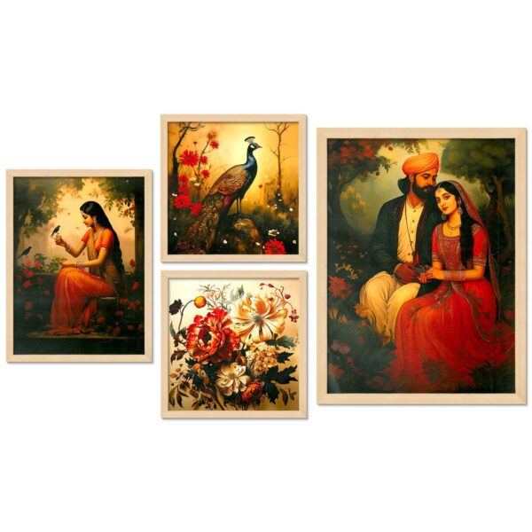 Set of 4 Digital Wall Paintings – Woman, Couple, Peacock & Floral Art Prints for Home Décor - Image 4