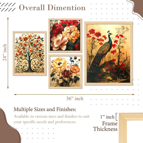 Set of 4 Digital Wall Paintings – Floral, Tree & Peacock Art Prints for Home Decor - Image 3