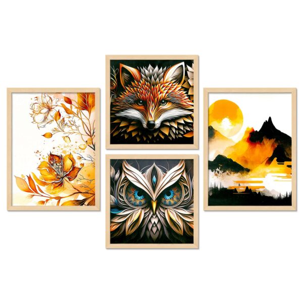 Set of 4 Framed Wall Paintings – Fox, Owl, Mountain & Golden Floral Tree Artwork - Image 3