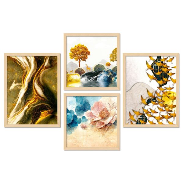 Set of 4 Nature-Inspired Digital Wall Paintings – Floral, Leaf, River & Bird Design - Image 4