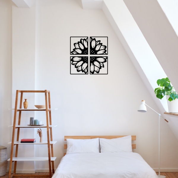 Sunflower Bloom 4-Panel Metal Wall Art | Modern Black Flower Design for Living Room & Office - Image 4