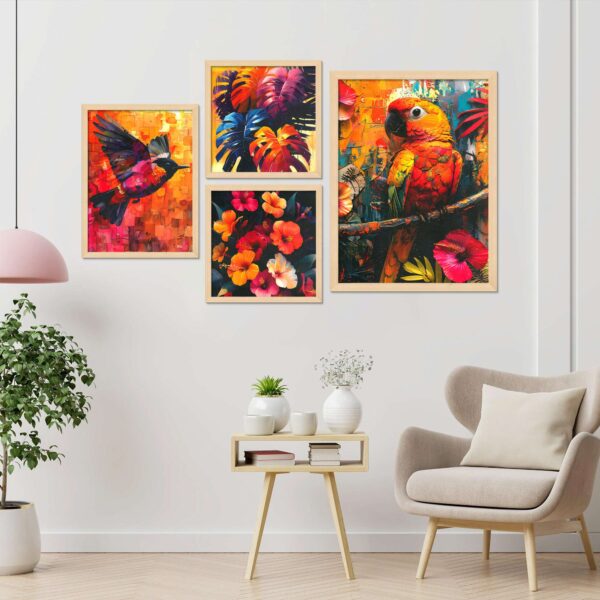 Set of 4 Digital Wall Paintings – Multicolored Birds, Flowers & Indoor Plant Art