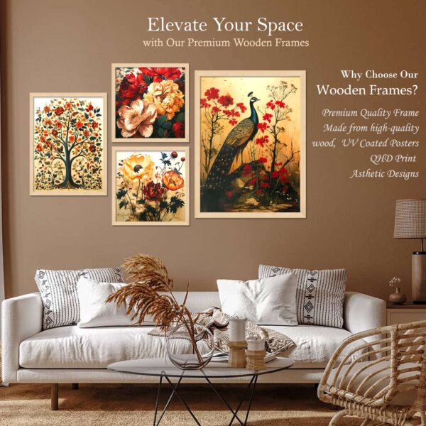 Set of 4 Digital Wall Paintings – Floral, Tree & Peacock Art Prints for Home Decor - Image 2
