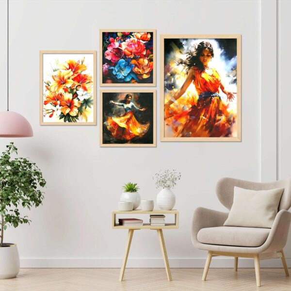 Set of 4 Wall Paintings – Vibrant Floral Art & Traditional Indian Dancer Theme
