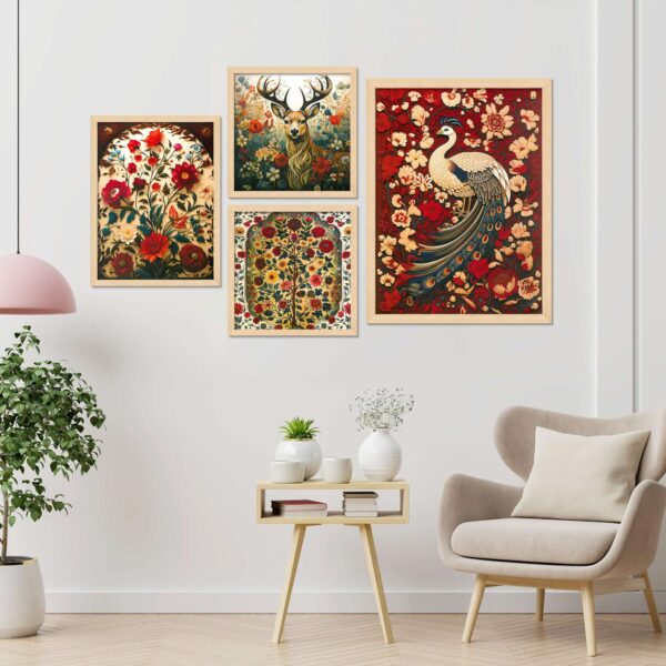 Set of 4 Digital Wall Paintings – Elegant Nature-Inspired Artwork with Floral and Fauna