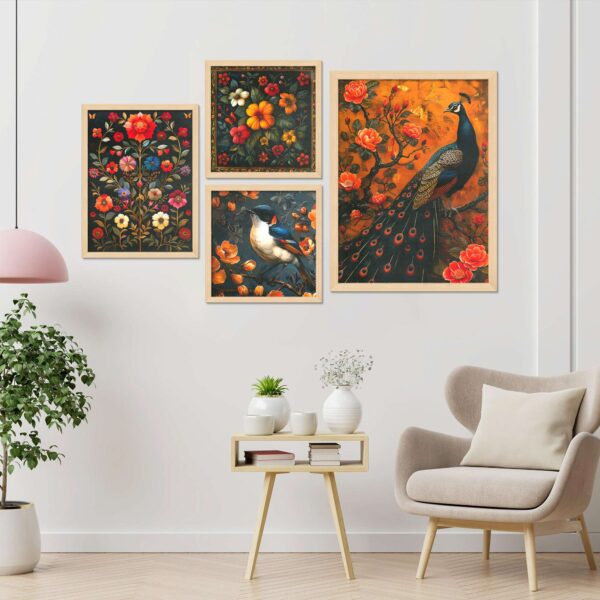 Set of 4 Digital Wall Paintings – Birds and Flowers for Modern Interiors