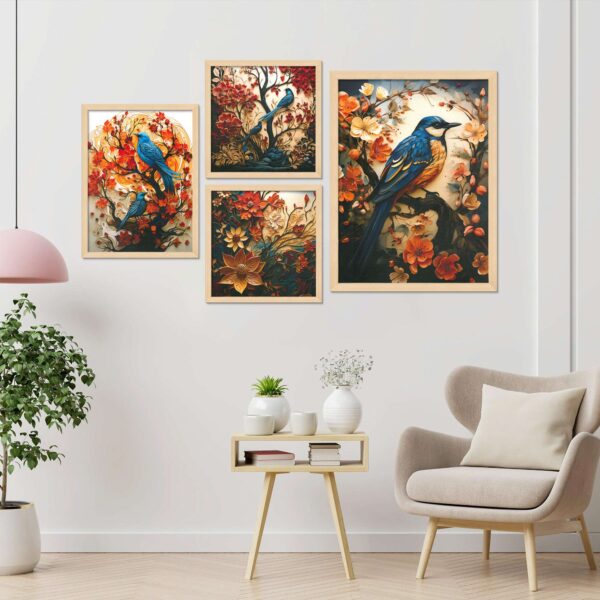 Set of 4 Digital Wall Paintings – Colorful Birds & Floral Art Prints for Home Decor