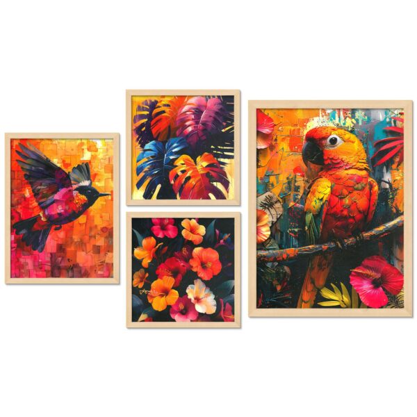 Set of 4 Digital Wall Paintings – Multicolored Birds, Flowers & Indoor Plant Art - Image 4