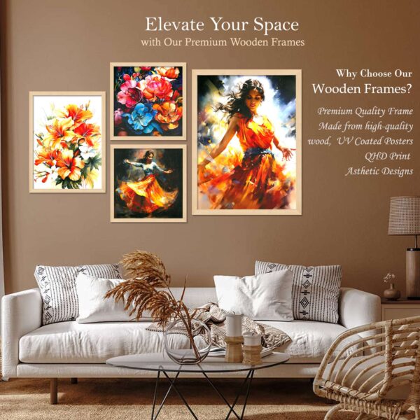 Set of 4 Wall Paintings – Vibrant Floral Art & Traditional Indian Dancer Theme - Image 2