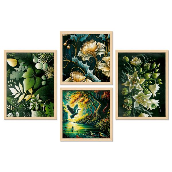 Set of 4 Nature-Inspired Digital Wall Paintings – Floral, Leaf & Bird Art Prints for Living Room & Office Décor - Image 3