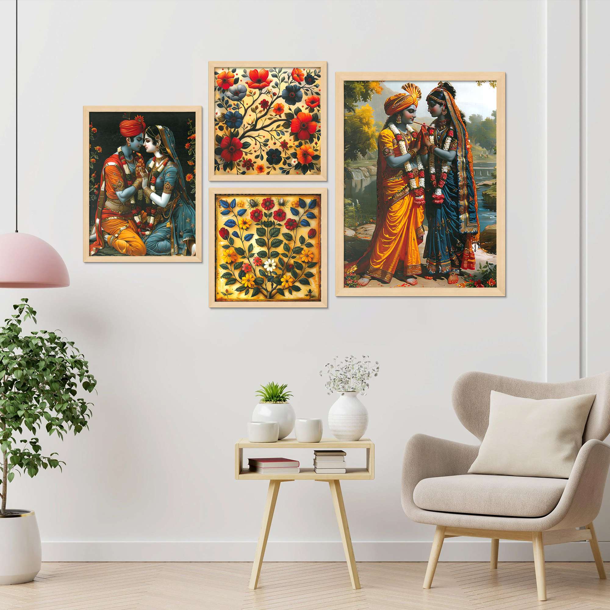 Set of 4 Digital Wall Paintings – Shri Krishna Radha & Floral Art Combo