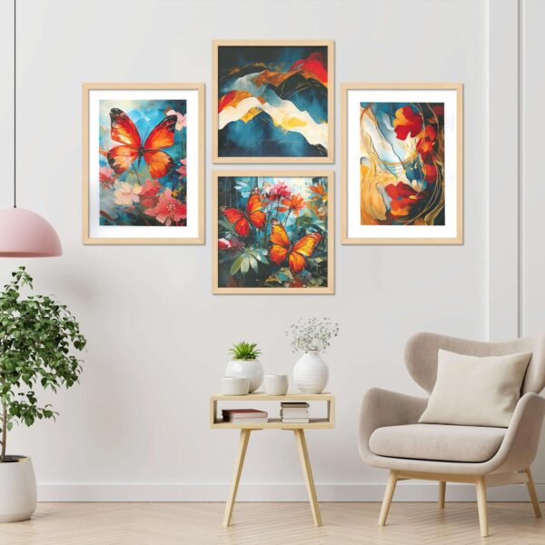 Set of 4 Digital Wall Paintings – Vibrant Butterfly & Nature Art Prints