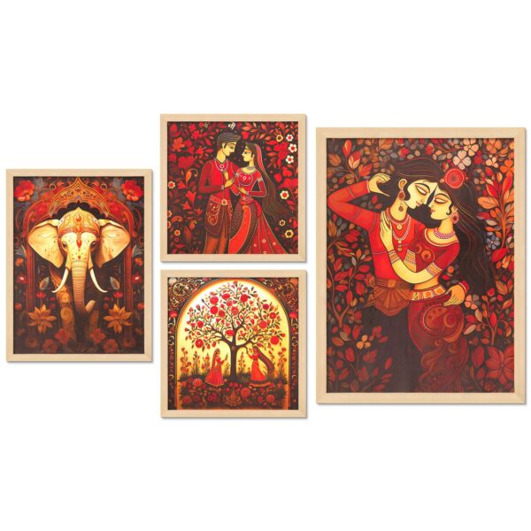 Set of 4 Digital Wall Paintings – Romantic Couples, Elephant Art & Traditional Women Illustration - Image 4