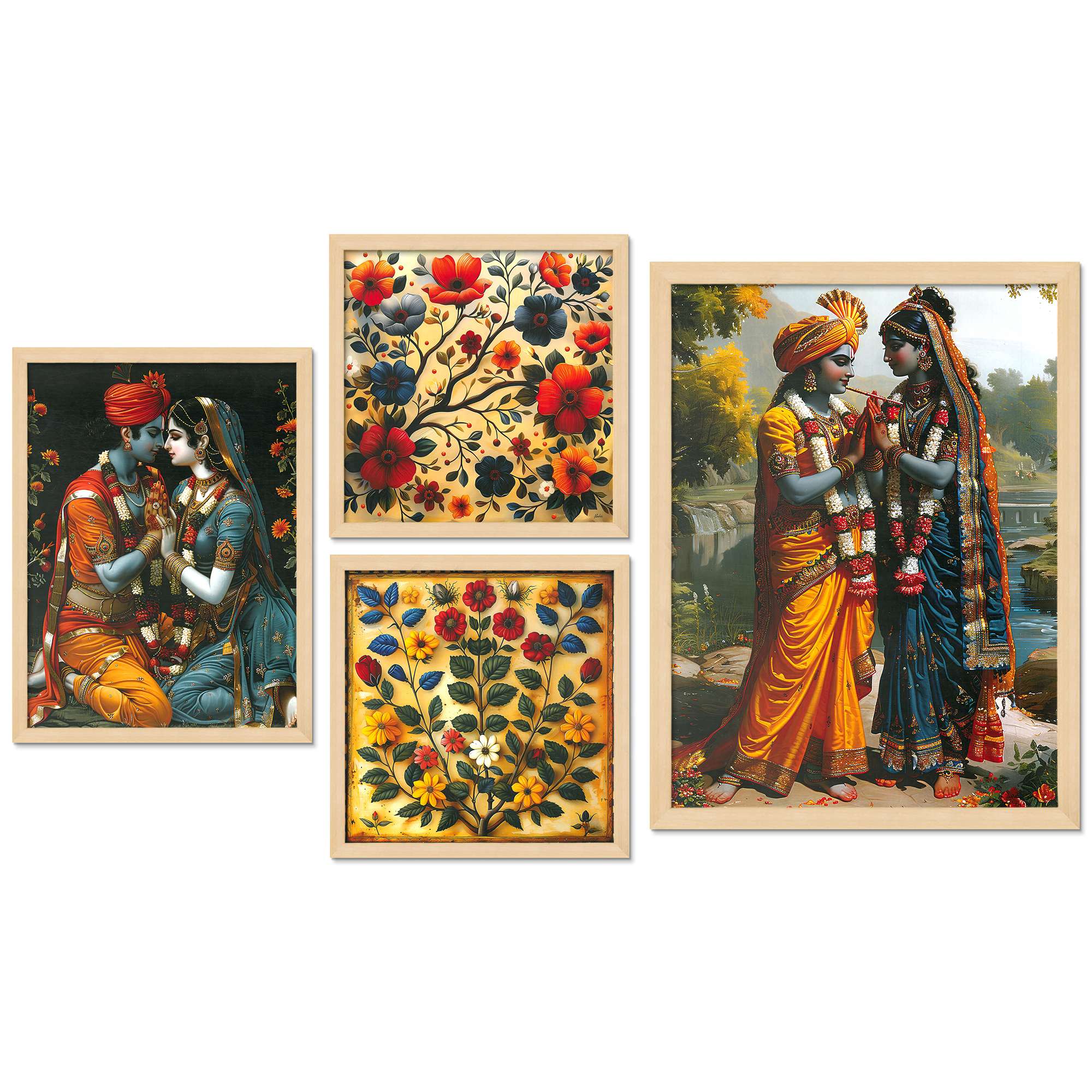 Set of 4 Digital Wall Paintings – Shri Krishna Radha & Floral Art Combo - Image 4