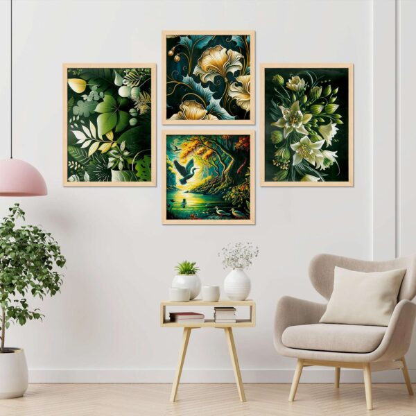 Set of 4 Nature-Inspired Digital Wall Paintings – Floral, Leaf & Bird Art Prints for Living Room & Office Décor