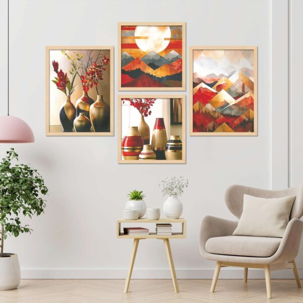 Set of 4 Digital Wall Paintings – Abstract Mountains & Vase Art Combo