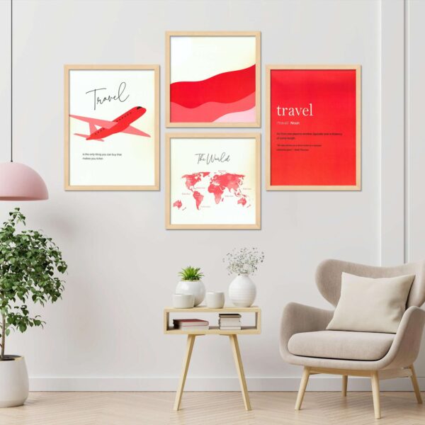 Set of 4 Digital Wall Paintings – Travel Theme with World Map and Quotes