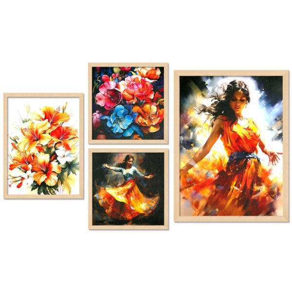 Set of 4 Wall Paintings – Vibrant Floral Art & Traditional Indian Dancer Theme - Image 4