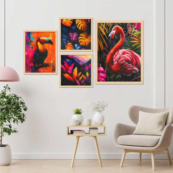 Set of 4 Floral & Bird Digital Wall Paintings – Elegant Nature-Inspired Framed Art for Home Décor