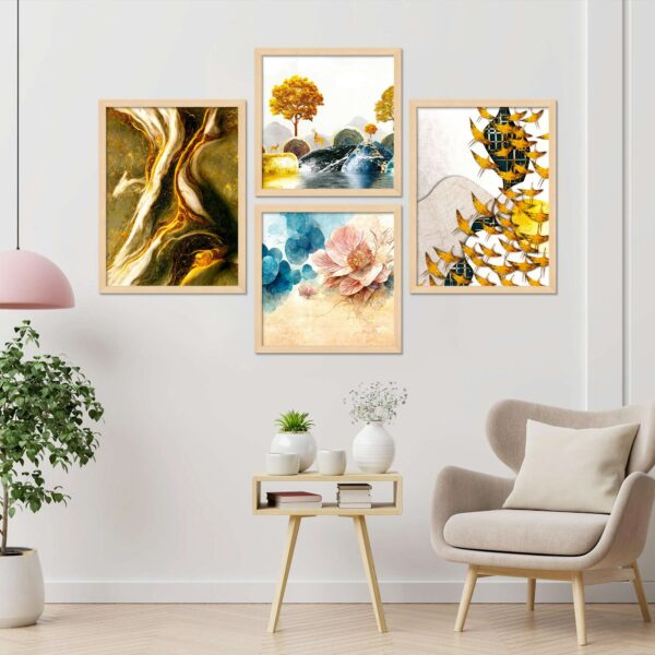 Set of 4 Nature-Inspired Digital Wall Paintings – Floral, Leaf, River & Bird Design