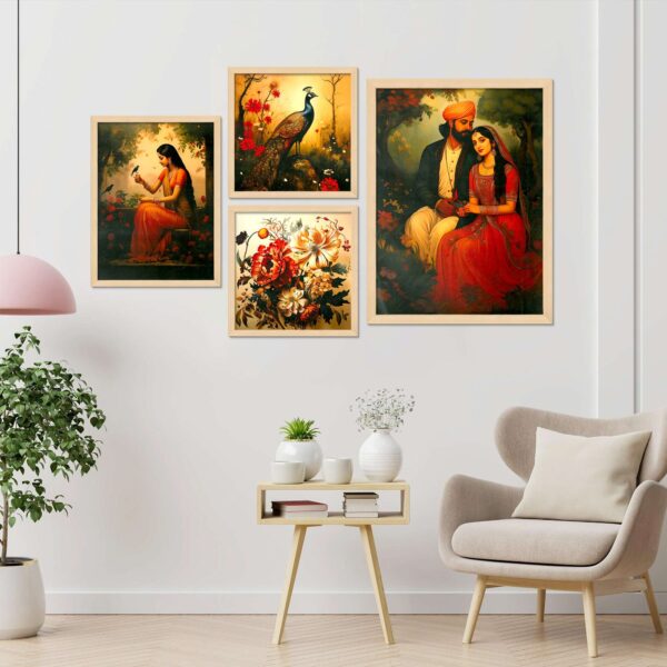 Set of 4 Digital Wall Paintings – Woman, Couple, Peacock & Floral Art Prints for Home Décor