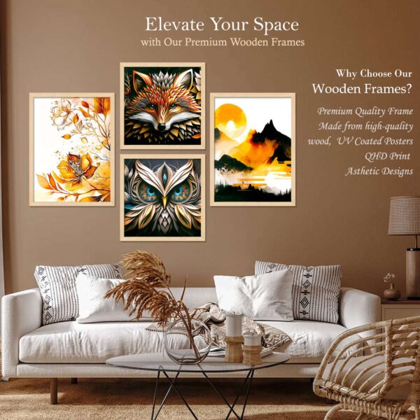 Set of 4 Framed Wall Paintings – Fox, Owl, Mountain & Golden Floral Tree Artwork - Image 2