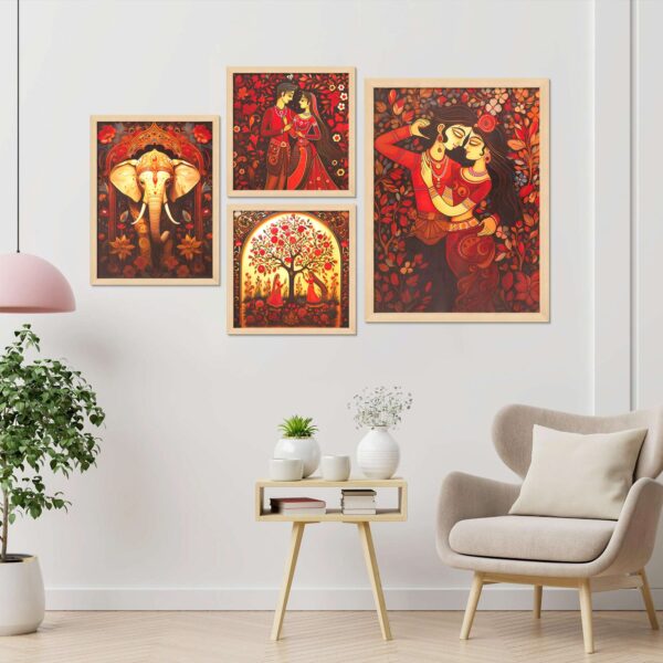 Set of 4 Digital Wall Paintings – Romantic Couples, Elephant Art & Traditional Women Illustration