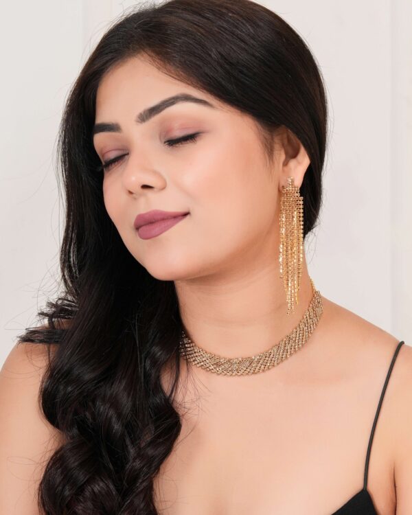 Women's Indo-Western Golden Necklace & Drop Earrings Set – Stylish Party Wear Fashion Jewellery